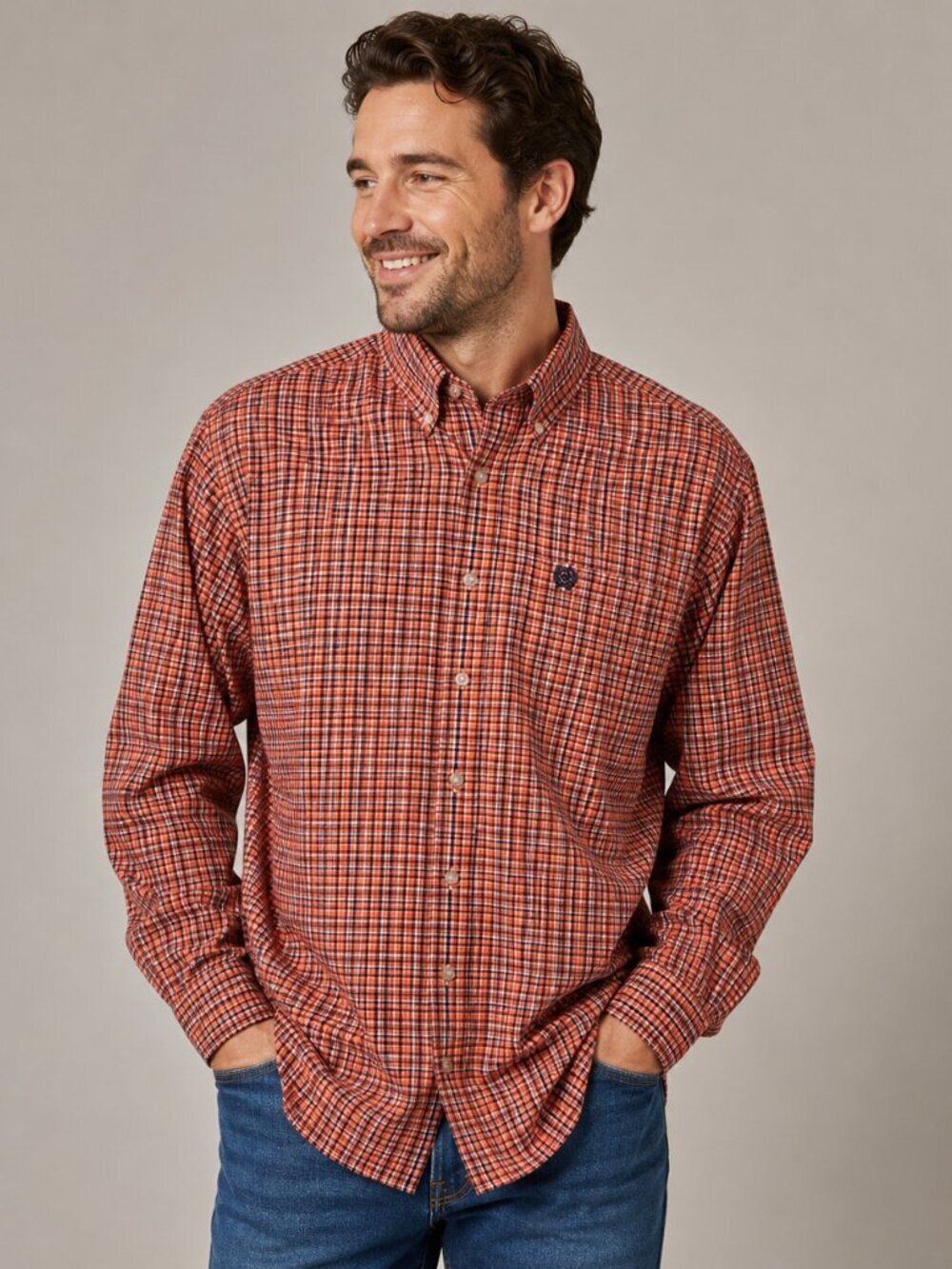 Cinch Mens Medium Orange Plaid Long Sleeve Button Down Collared Shirt Size M
